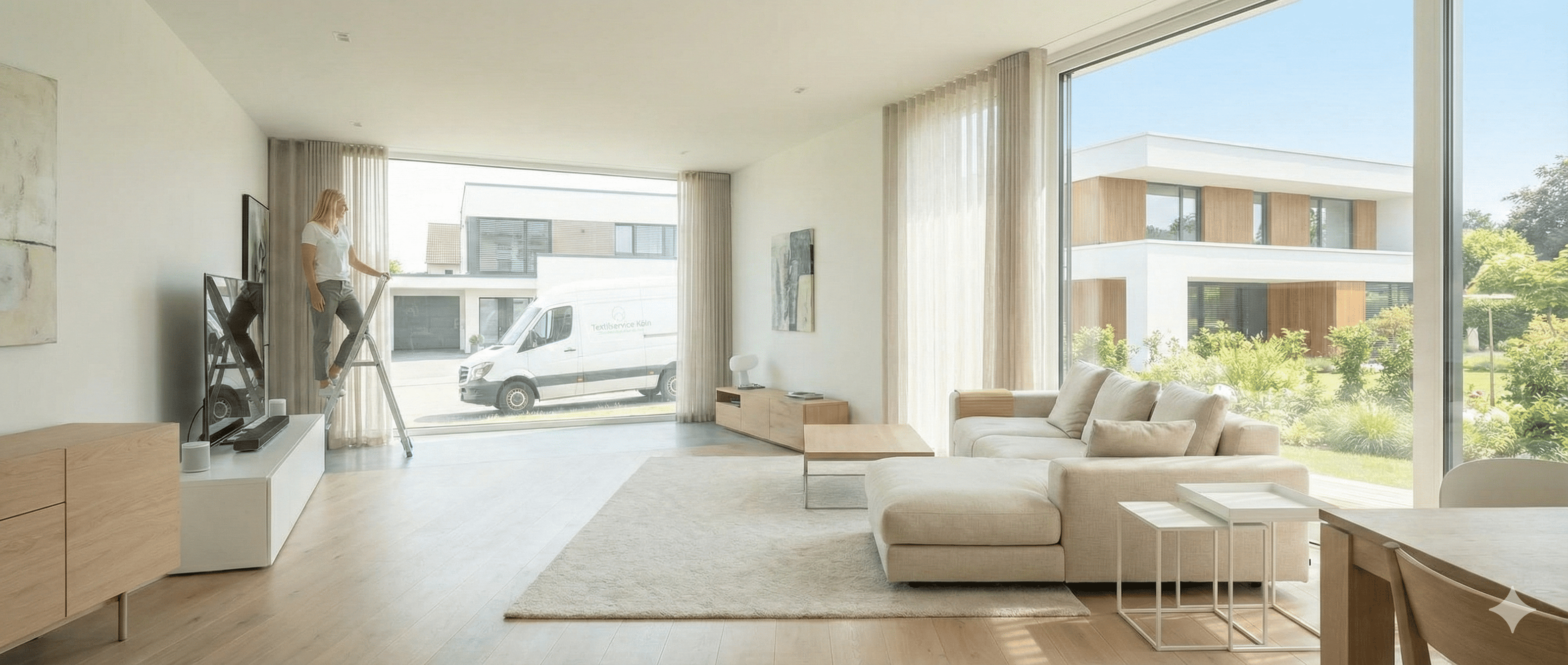 Textilservice Köln Transporter vor einem modernen Wohnhaus – Vor-Ort-Service