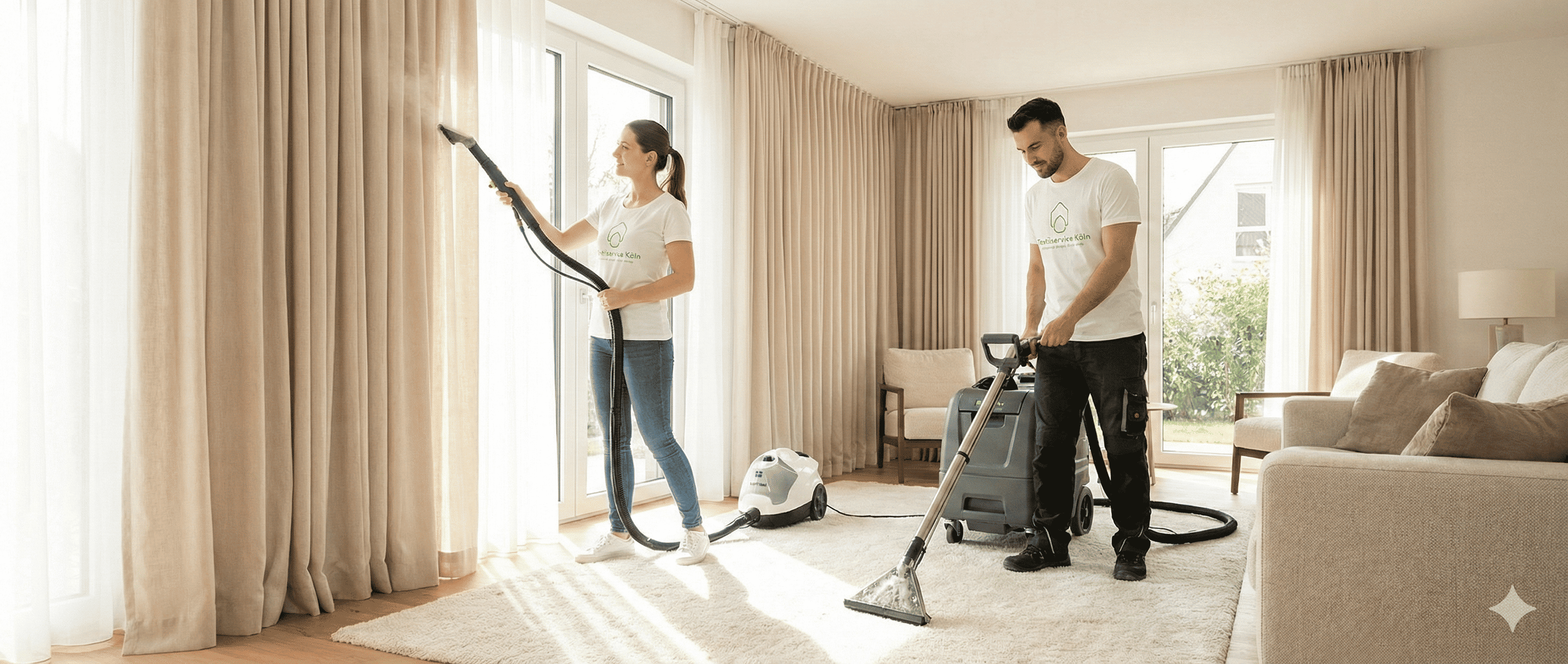Team von Textilservice Köln reinigt Gardinen und Teppich im Wohnzimmer