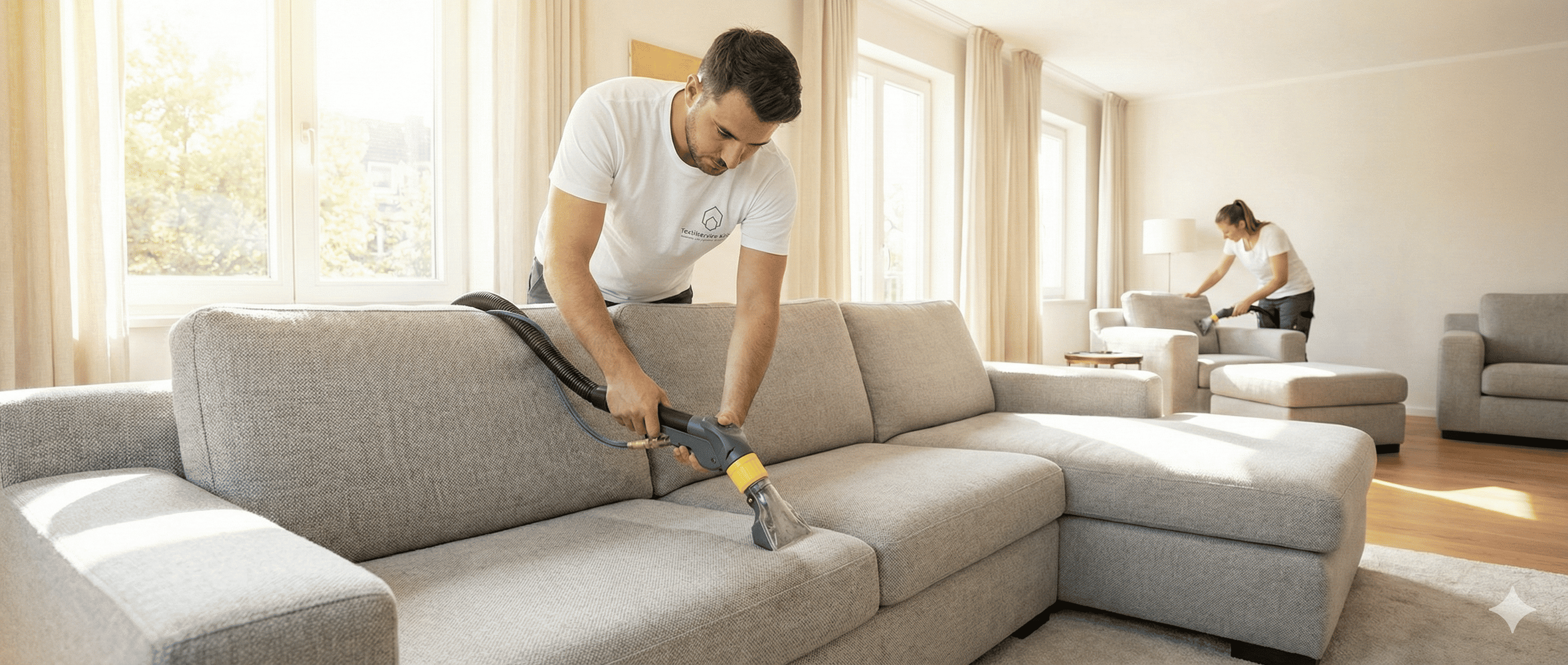Mitarbeiter von Textilservice Köln reinigt ein graues Sofa mit professionellem Polsterreiniger
